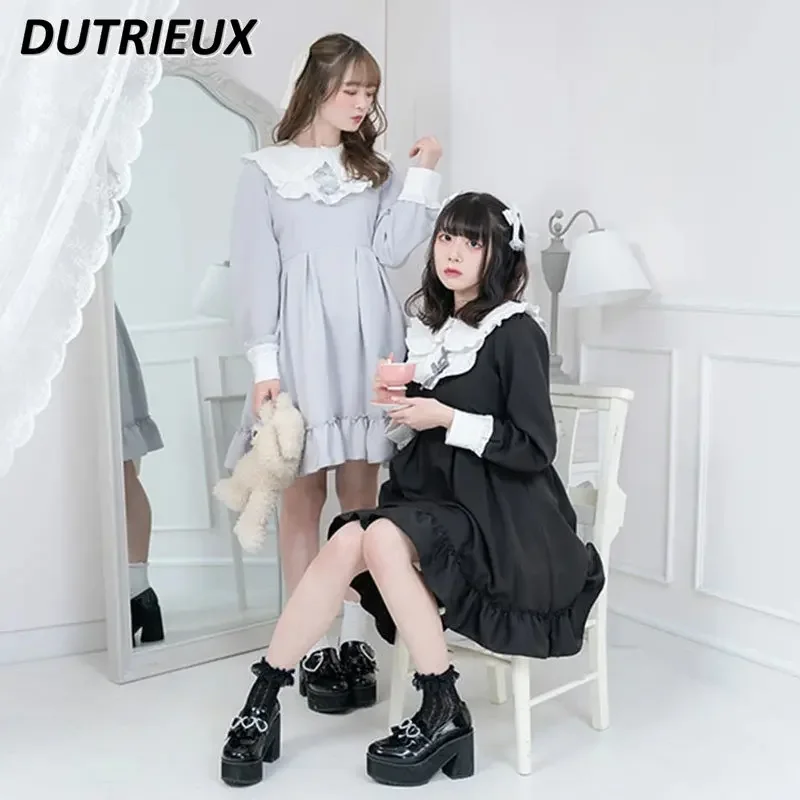 

Doll Collar Casual Dress Japanese Style High Waist Long Sleeve Dress Elegant Solid Color Fashion Lolita Dress for Women