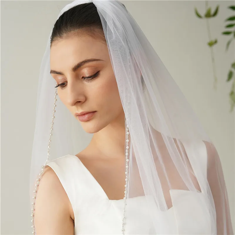 

Wedding Veil Handsewn Short Style with Pearl Sequins One Layer Metal Hair Comb Bride's Headdress Soft Mesh Bu10091