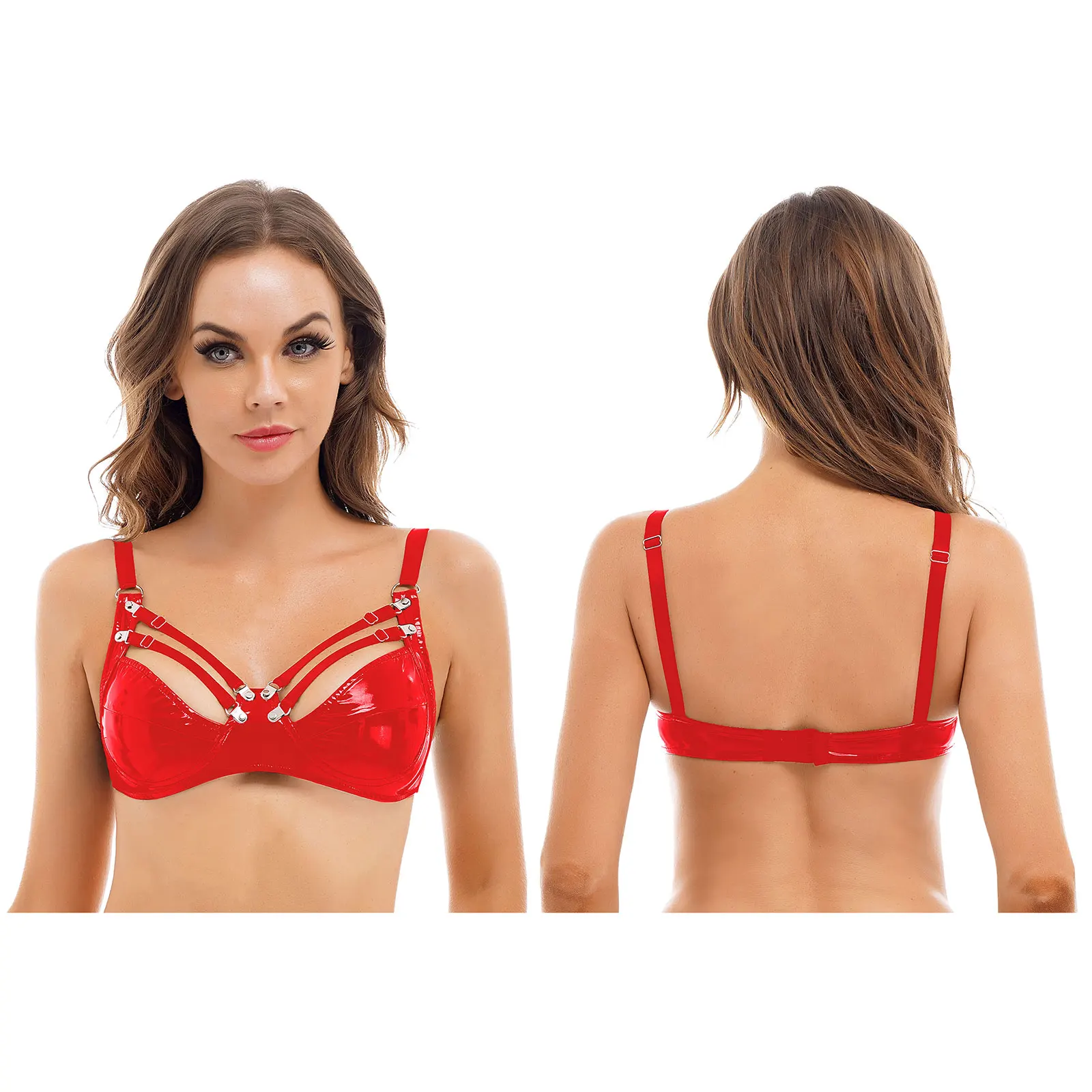 thumbnail image 1 of Corsé de látex para mujer, Top para fiesta de baile en barra, aspecto húmedo, sujetador inalámbrico de charol, camisola, Top corto con tirantes anchos, 1 of 5