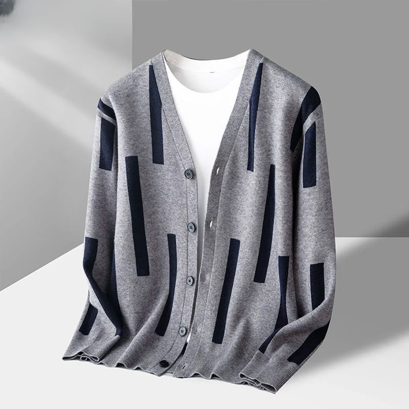 

New Arrival Knitted Sweater Jacket Men's V-Neck Striped Cardigan Autumn Winter New Top Casual Basic All-Match Knitwear C75