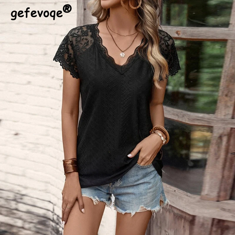 

Sexy V Neck Hollow Lace Patchwork Short Sleeve Tee T Shirts Femmes Summer Fashion Women's Casual Solid Loose Tops Clothing 2023