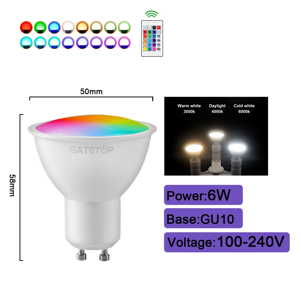 ตัวเลือกสินค้า หลอดไฟ RGBW สปอตไลท์ ปรับสีได้ พร้อมรีโมท E27 E14 B22 GU10