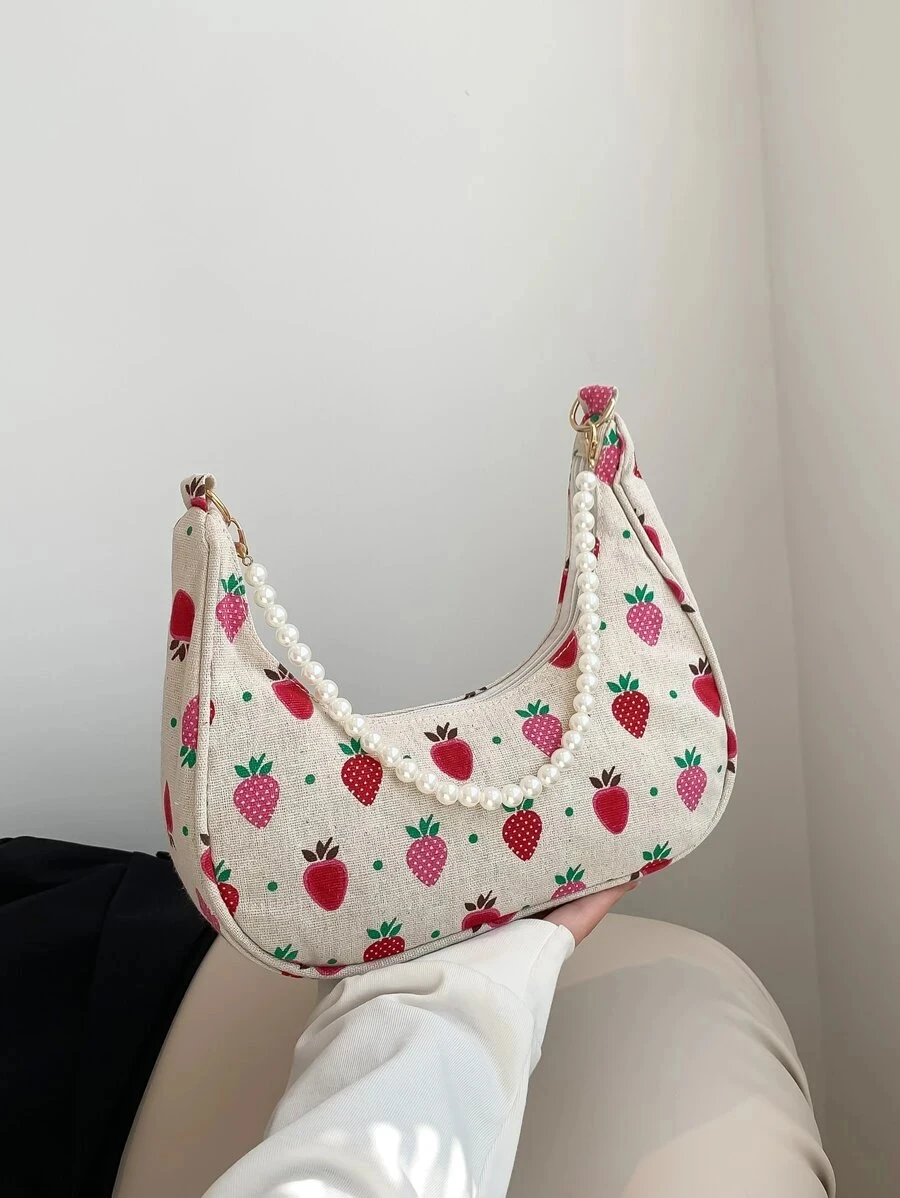 

Fashionable Pearl Chain Cute Kawaii Strawberry Shaped Crescent Shoulder Bag For Women Simple Casual Commuting Handbag Hobo Bag