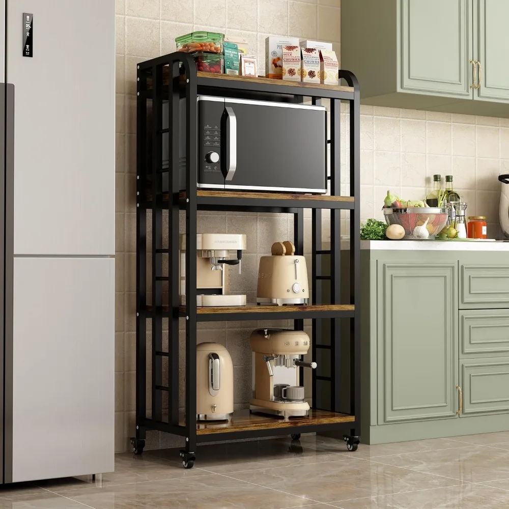 4-Tier Kitchen Baker's Rack with Rolling Wheels, Microwave Oven Cart Stand, Adjustable Utility Shelving Storage Unit - Image 3