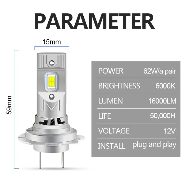 12V 62W 자동차 헤드라이트 6000K 백색 자동차 조명 긴 수명 16000 루멘 항공 알루미늄 내장 IC 드라이버