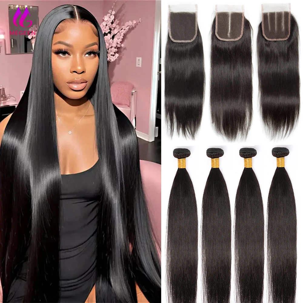

Straight Bundles With Closure Brazilian Hair Weave Bundles With Free/Middle/Three Part Closure Natural Black Hair Extensions