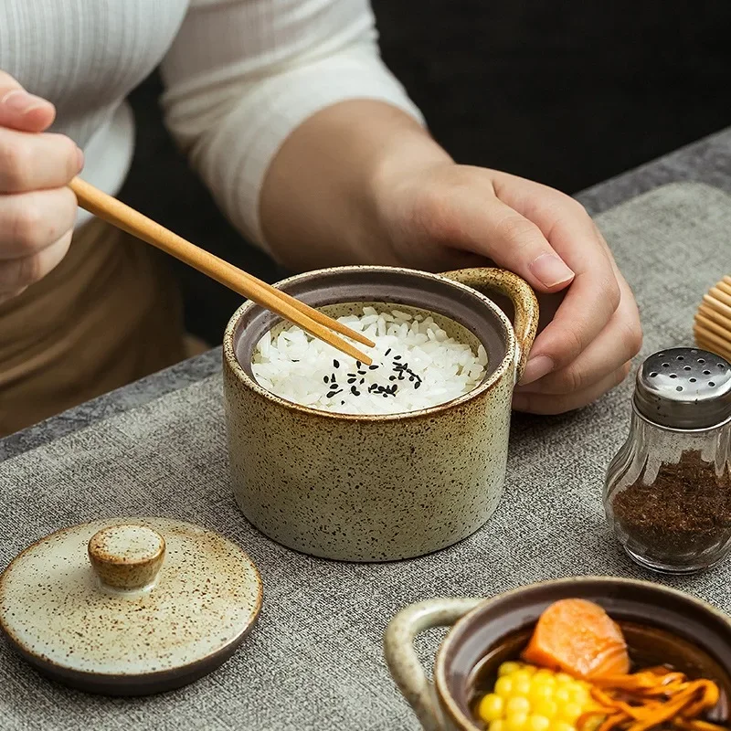 Ceramic Waterproof Stew Cup Small Soup Cup Japanese Coarse Pottery with Lid Stew Pot Household Complementary Food Bowl with Lid