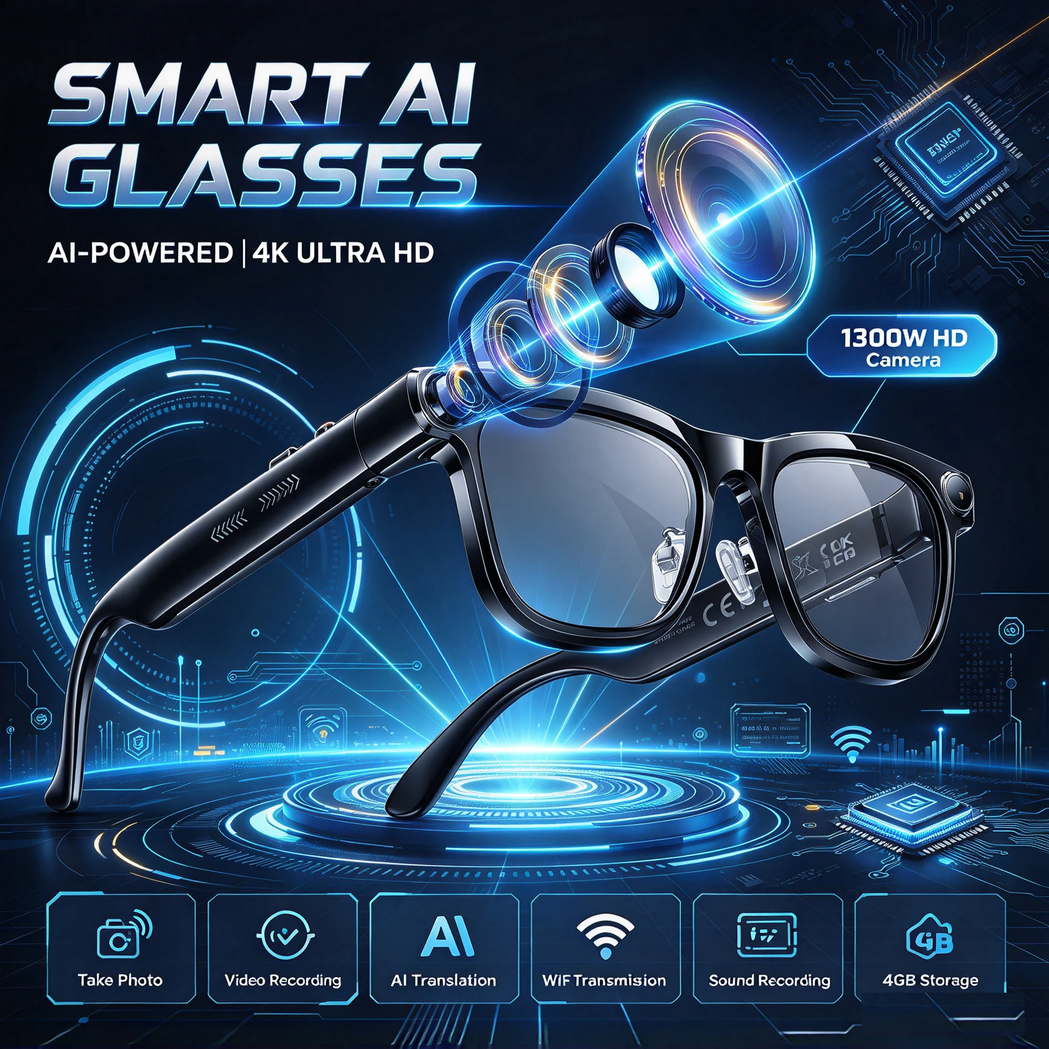 2026 AI Smart Glasses 1300W HD Camera ChatGPT AI Videos & Take Photos AI Translation Music Recording BT Call Men Women Sunglasse