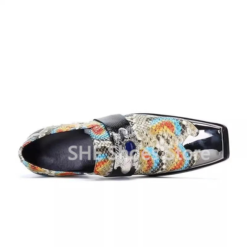 Fashion Print Mixed Color Loafers for Men British Style Metal Square Toe Chunky Heel Slip-On Shallow Oxfords Male Dress Shoes