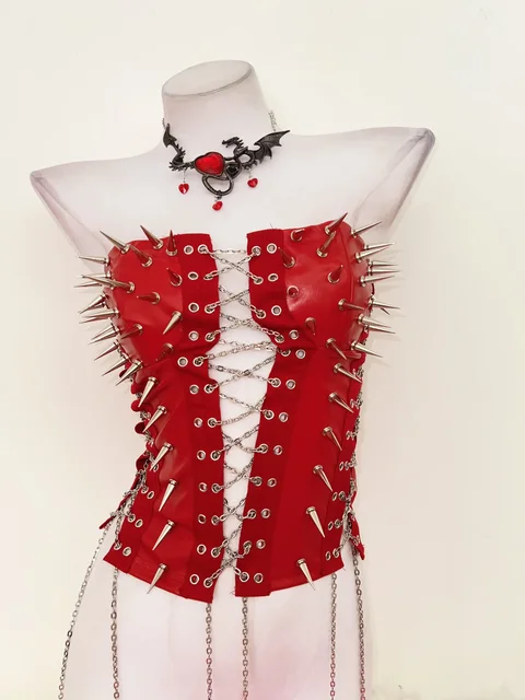 Red Lace Up Spikey Corset Top 2