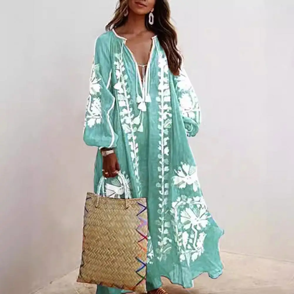 

Bohemian Style Summer Women Dress Tassel Long Sleeve Retro Oversized A-line Flowy Hem Floral Print Vacation Beach Maxi Dress