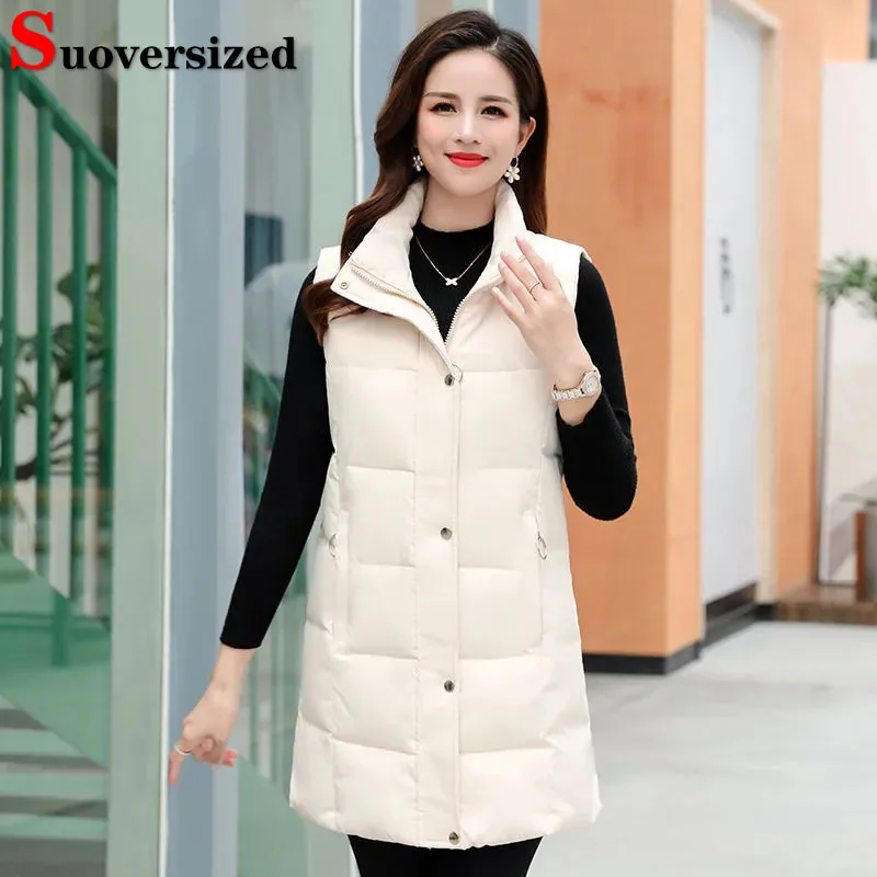 

Winter Hooded Cotton Vests Casual Oversized 80kg Mid-length Casacos Korean Warm Thick Waistcoat Slim Women New Sleeveless Jacket