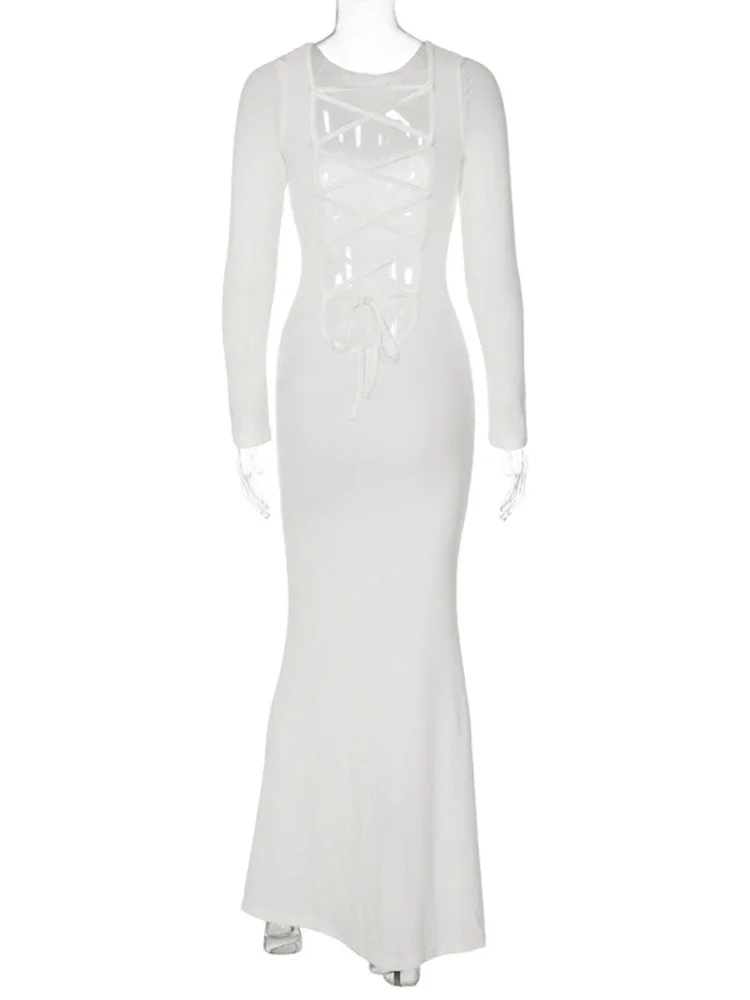 chinese dress ladies Solid-Color Ruched Bodycon Maxi Dress White / M