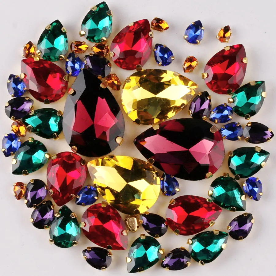 Goldene Krappenfassung, Wassertropfenform, 7 Größen, Mix, 50 Stück/Beutel, Glaskristall, zum Aufnähen, Strassperlen, für Hochzeitskleider, Schuhe, Taschen, DIY-Verzierung
