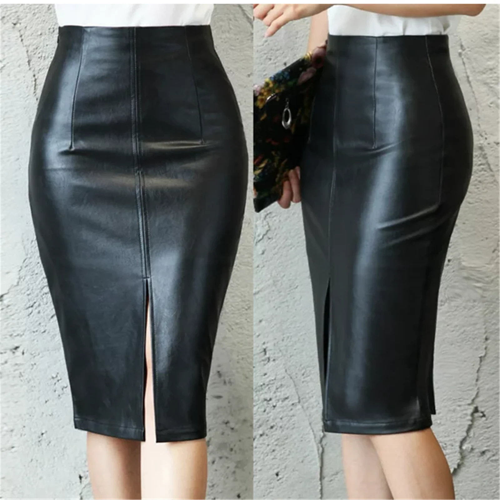 

Womens Black High Waist Leather Skirt Slim Slit Pu Leather Half Body Package Hip Skirt Sexy Commuter Clothes Pencil Skirt