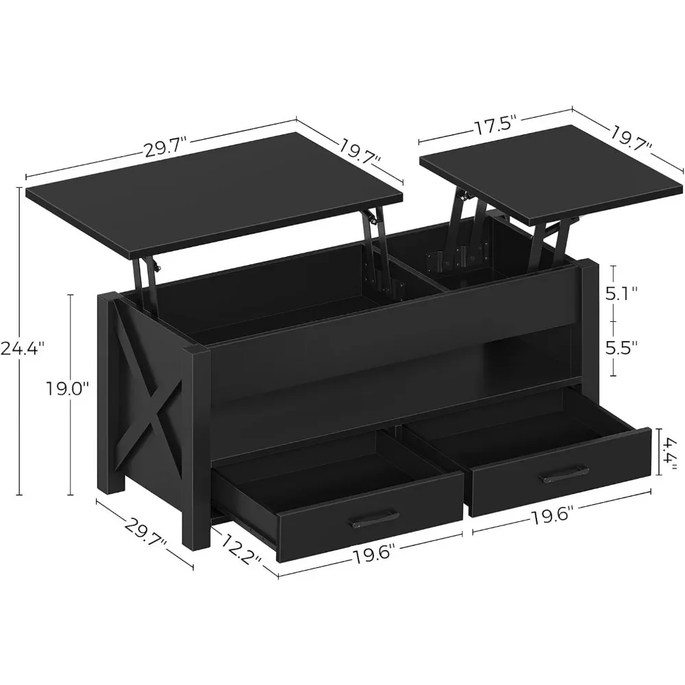 47.2-inch pop-up coffee table with 2 storage drawers and hidden compartments, vintage center table