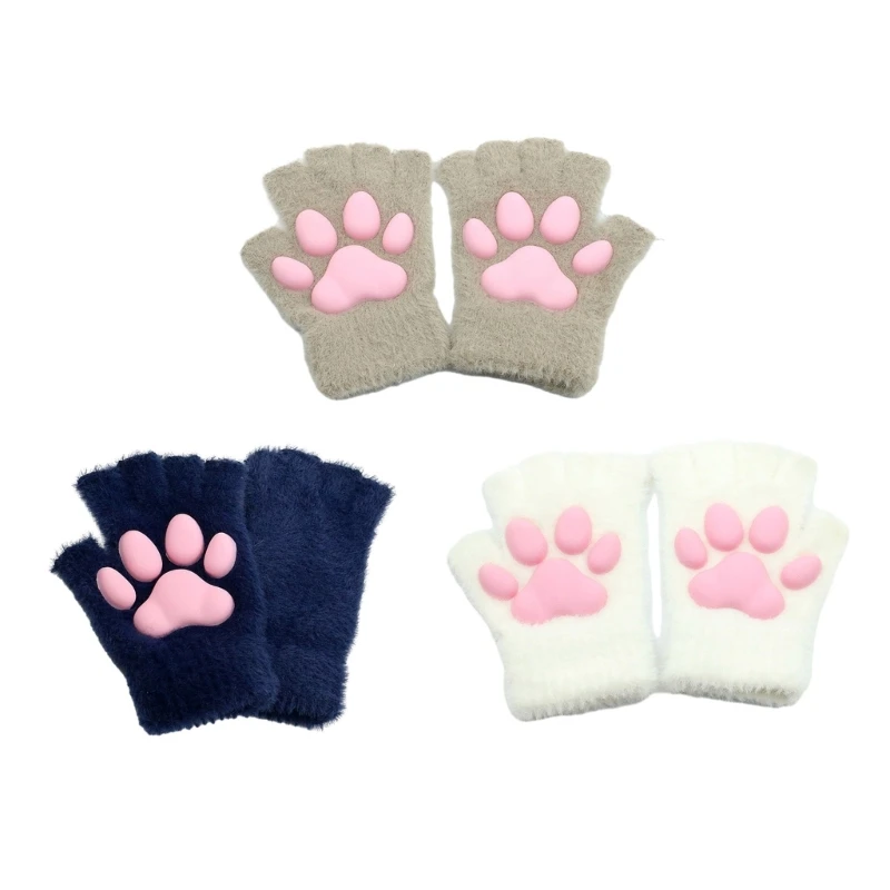 

Girls Winter Gloves Skin-friendly Mitten with Cartoon Kitten Paw Mitten