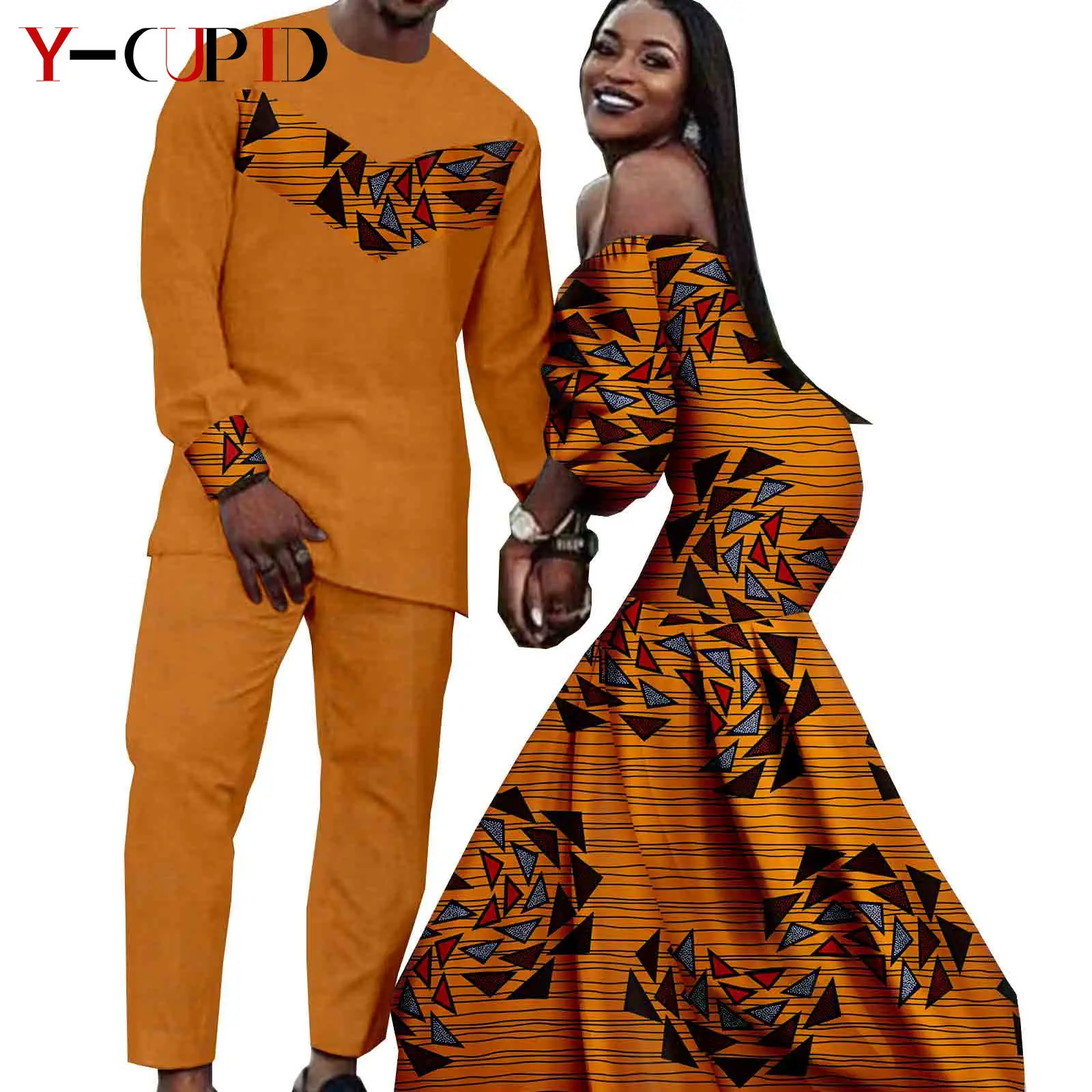 African Print Long Mermaid Dresses for Women Match Men Outfits Dashiki Top and Pants Sets Bazin Riche Couples Clothes Y22C024