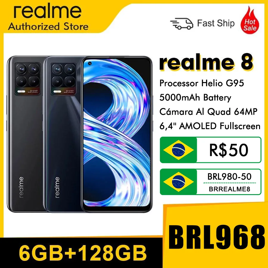 realme 8 RMX3085 6.4″FHD+ AMOLED 6GB 128GB 64MP AI Quad Camera Helio G95 Octa Core 5000mAh 30W Dart Charge Mobile Phone