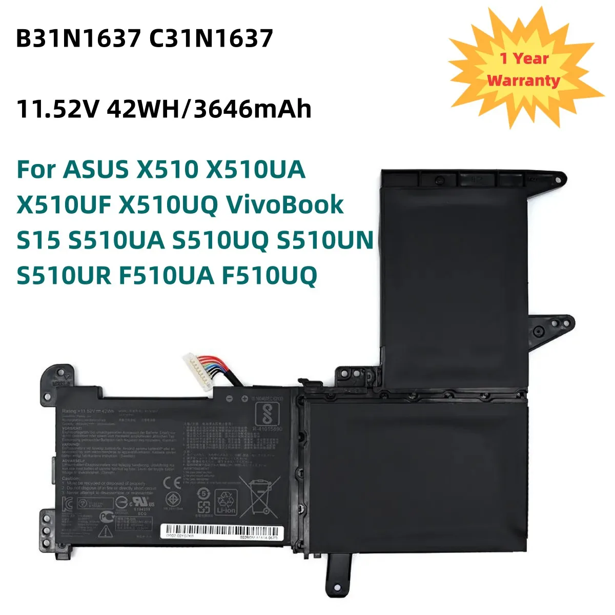 

B31N1637 C31N1637 Battery For ASUS X510 X510UA X510UF X510UQ VivoBook S15 S510UA S510UQ S510UN S510UR F510UA F510UQ 11.52V 42WH