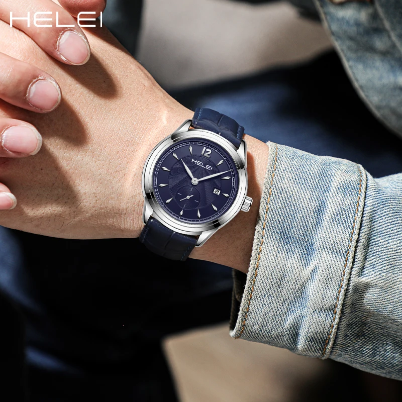 HELEI Men's Fashion Quartz Watch Leather Strap Waterproof Men's Watch Double Dial Pointer Calendar Display Gift For Men