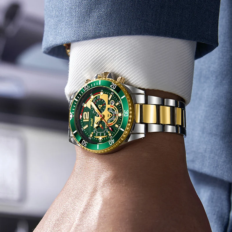 YIKAZE Green Watch For Men Luxury Versatile Alloy Man Quartz Watches Waterproof Calendar Luminous Business Male's Clock Watch