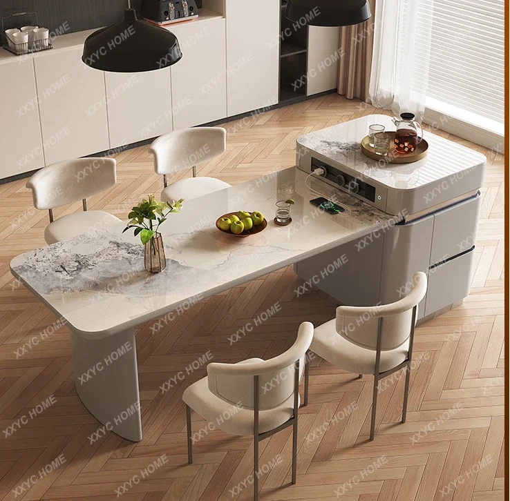 

Stone Plate Kitchen Island plus Dining Table Integrated Retractable Stone Plate Light Luxury Inverted Sink Guide Table