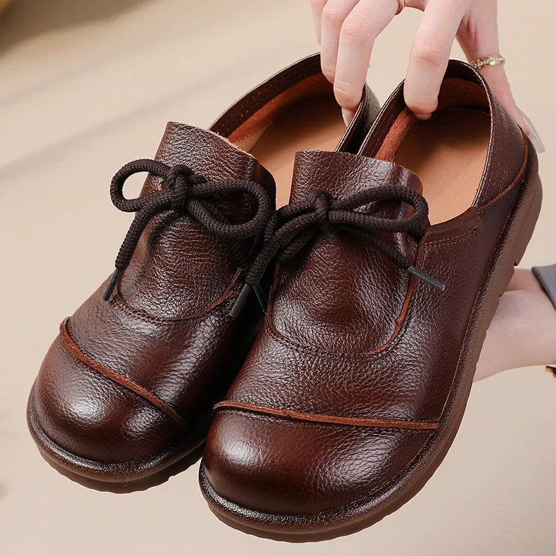 Xiuteng Genuine Leather Handmade Flat Shoes Platform Round Toe Thick Soled Retro Totem Comfortable Lady Lace Shoes