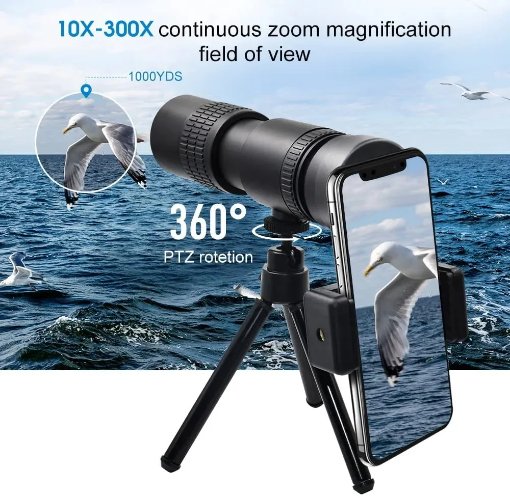 Zoom 10-300x30 Portable High Power Monocular Telescope with Tripod&Phone Holder for Bird Watching 2