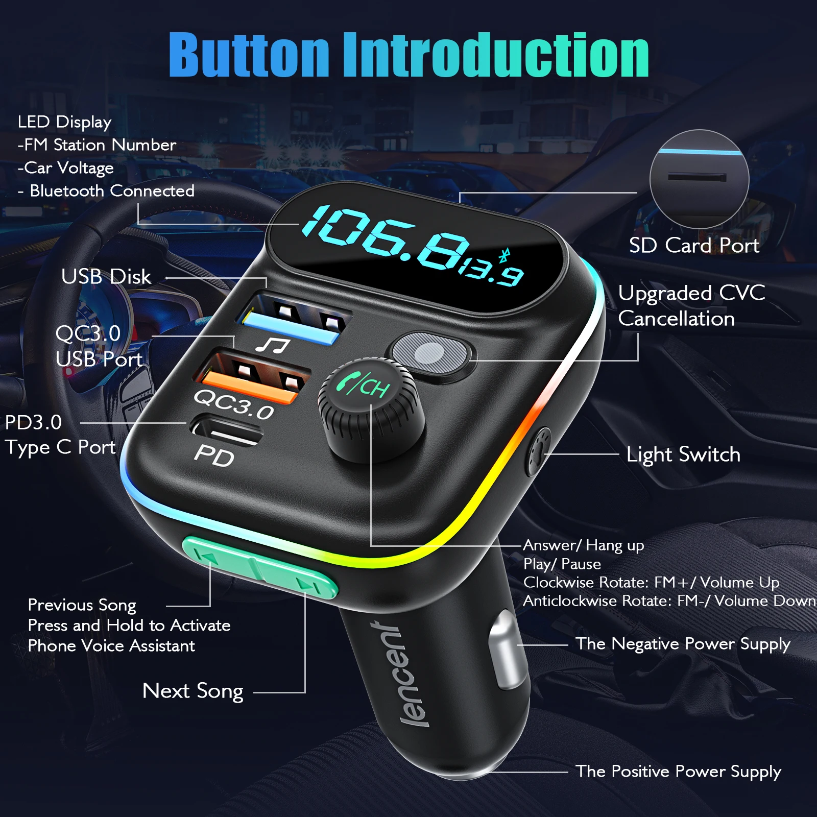Auto Bluetooth-kompatibel 5,0 FM Transmitter QC 3,0 PD20W Dual USB Schnelle  Ladegerät Auto MP3 Player Große Mikrofon Auto elektronik - AliExpress
