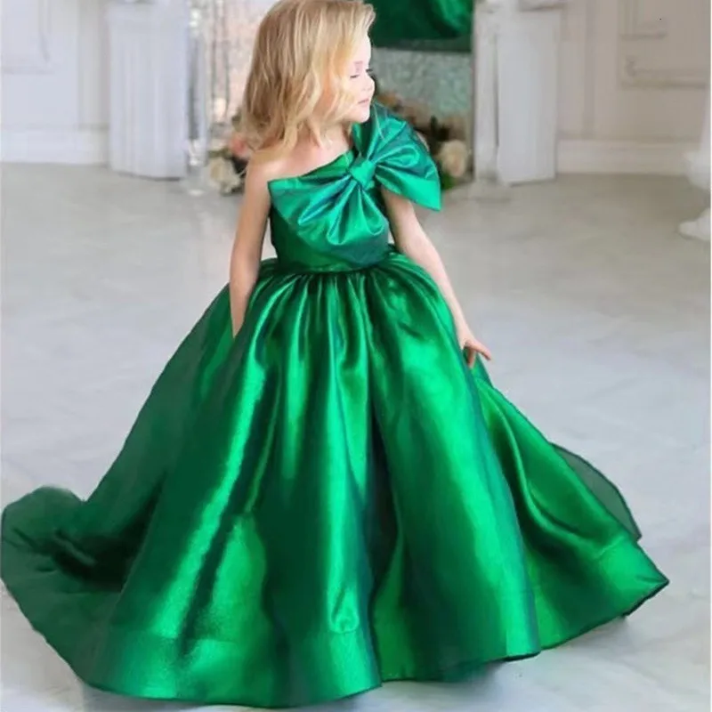 GreenLongFlowerGirlDressForWeddingSatinSleevelessWithBow