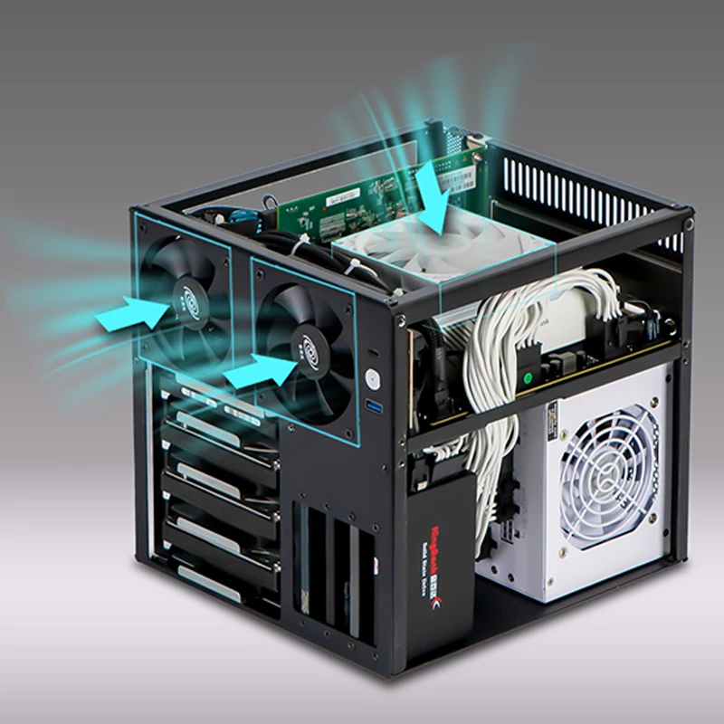 4베이 NAS 인클로저, MATX/ITX 마더보드 호환, SATA 백플레인, 3.5인치/2.5인치 드라이브 베이, SFX 파워 서플라이 지원