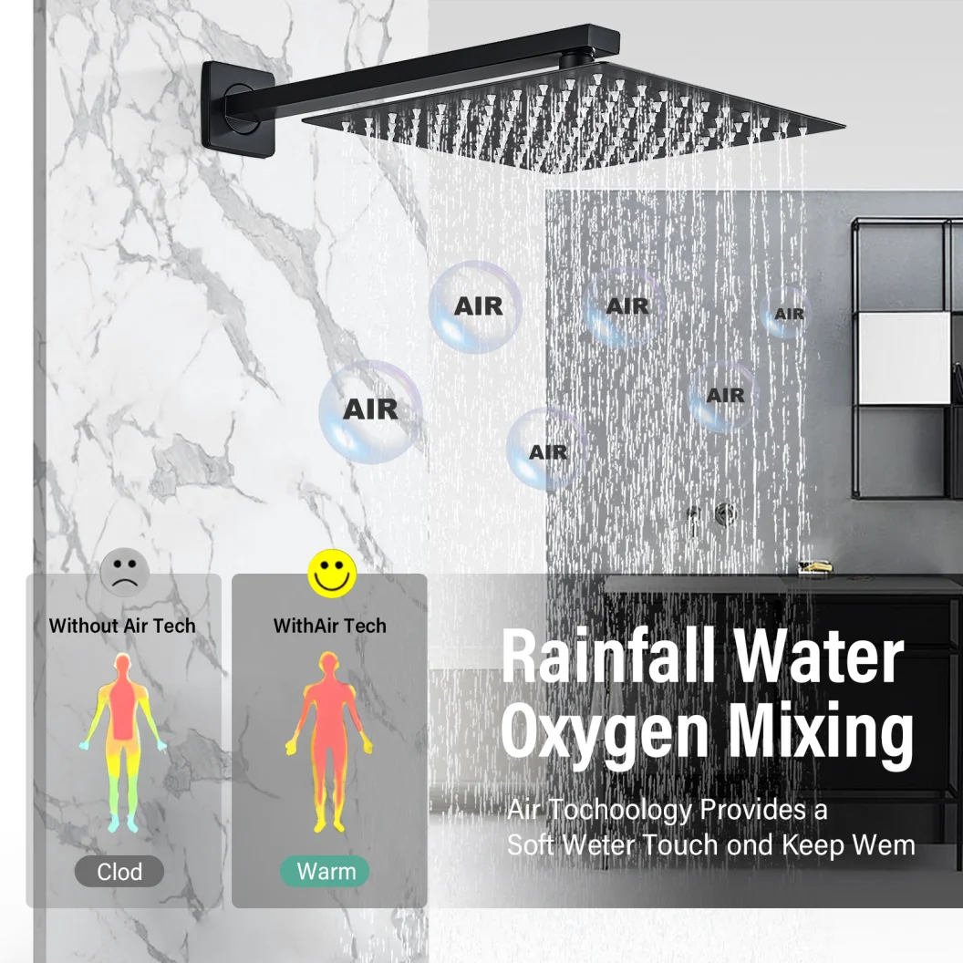 Matte Black Rain Shower Head 8/10/12 Inch Bathroom Square Shower head And Arm Wall Mounted Faucet shower head