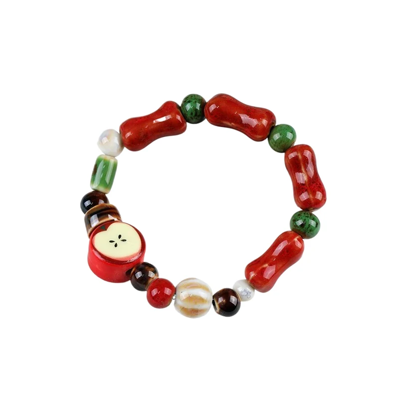 Handmade Ceramic Apple Bracelet - Adjustable Woven Cord with Cartoon Beads for Women