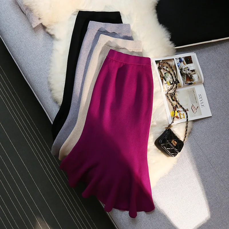

Women Knitted Skirt Elastic Higth Waist Spring Autumn New Mid-Length Bodycon Mermaid Skirt For Elegant Office Lady