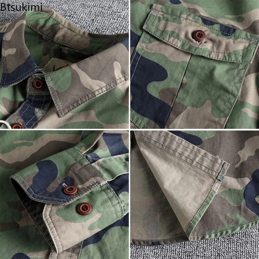 2026 Camicie a maniche lunghe con doppia tasca da uomo Camicie cargo mimetiche Camicie casual sportive da trekking all'aria aperta in cotone 100% di alta qualità - immagine 3