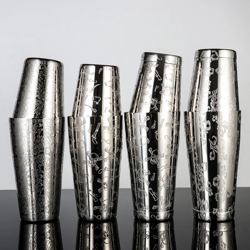 500ml/800ml Engraving Skull Stainless Steel Cocktail Boston Bar Shaker Bar Tools