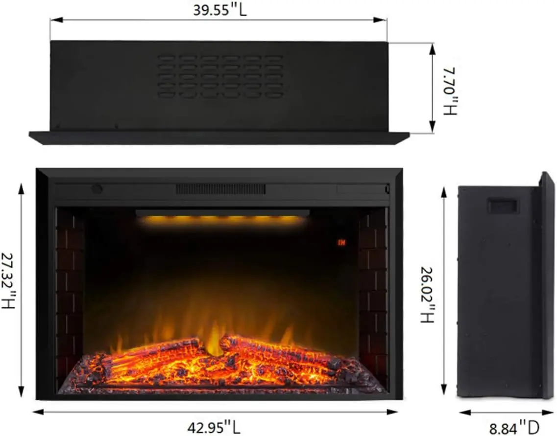43 Inches Electric Fireplace Heater Insert with Overheating Protection, Fire Crackling Sound, Remote Control, Thermostat, 750/15