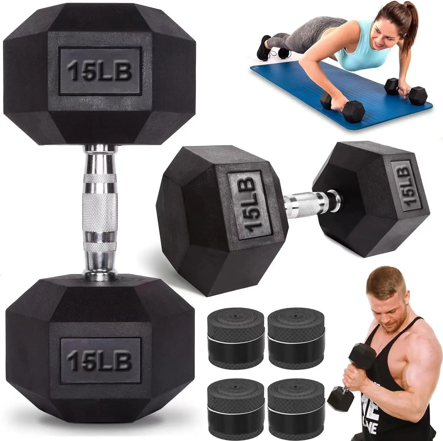 Mancuernas Hexagonales de 15 Libras, Mancuernas con Revestimiento de Goma para Entrenamiento de Fuerza