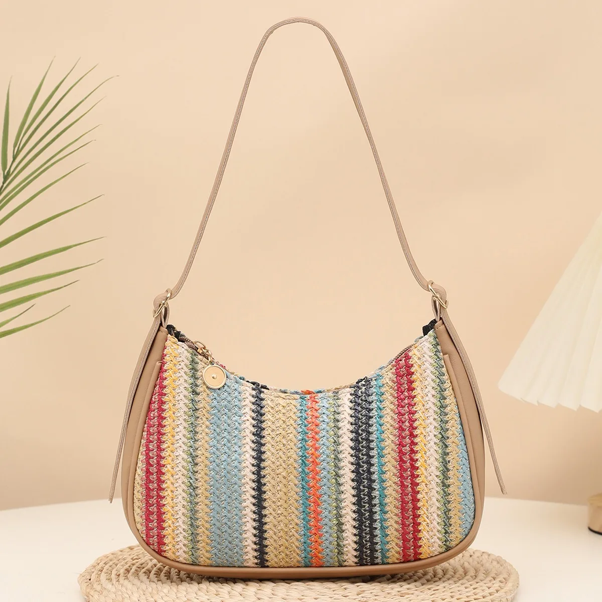 2026 Sommer Neue Halbmond-Strand-Strohtasche Damen Stroh-Schultertasche Handtasche Gewebte Strohtaschen Lässige Tragetasche Umhängetasche
