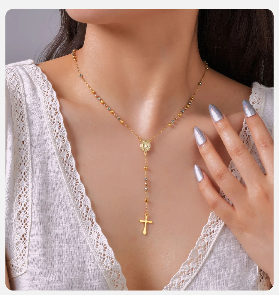 Vnox Dreifarbige Rosenkranz Jungfrau Maria Halskette für Frauen Edelstahl Modeschmuck Saint Benedict Kreuz Y-förmige Halskette – Detail 2