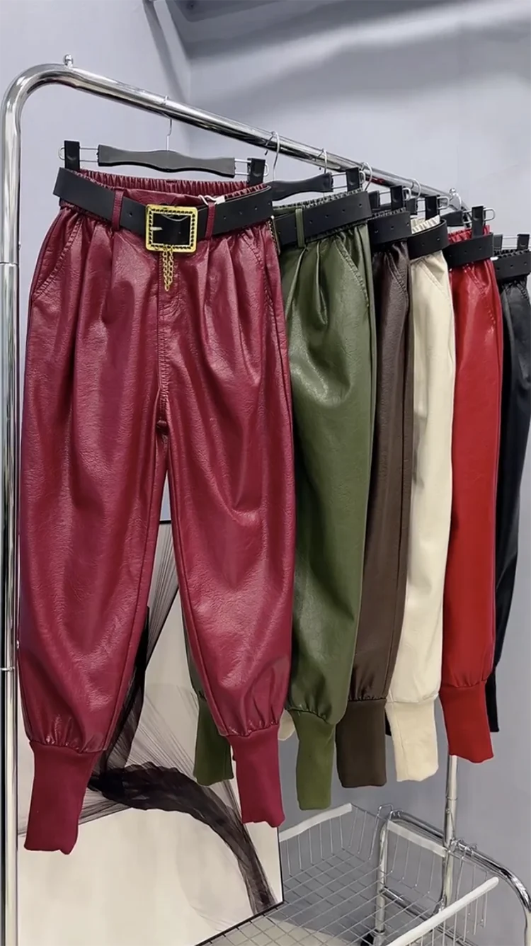 Pu leather pants Solid Color Warm Pants Women 2023 Autumn Winter Korean Loose Casual Pants Harm Trousers