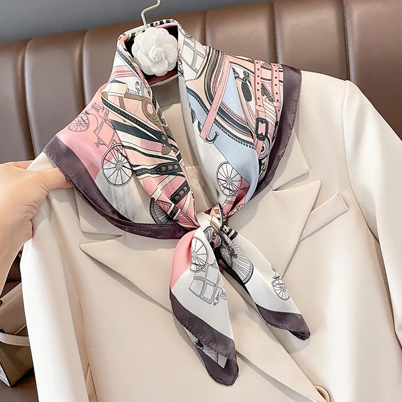 Luxury Design Carriage Print Silk Square Scarf for Women Fashion Skinny Neck Tie Soft Satin Hijab Female Neckerchief Hair Scarf 2