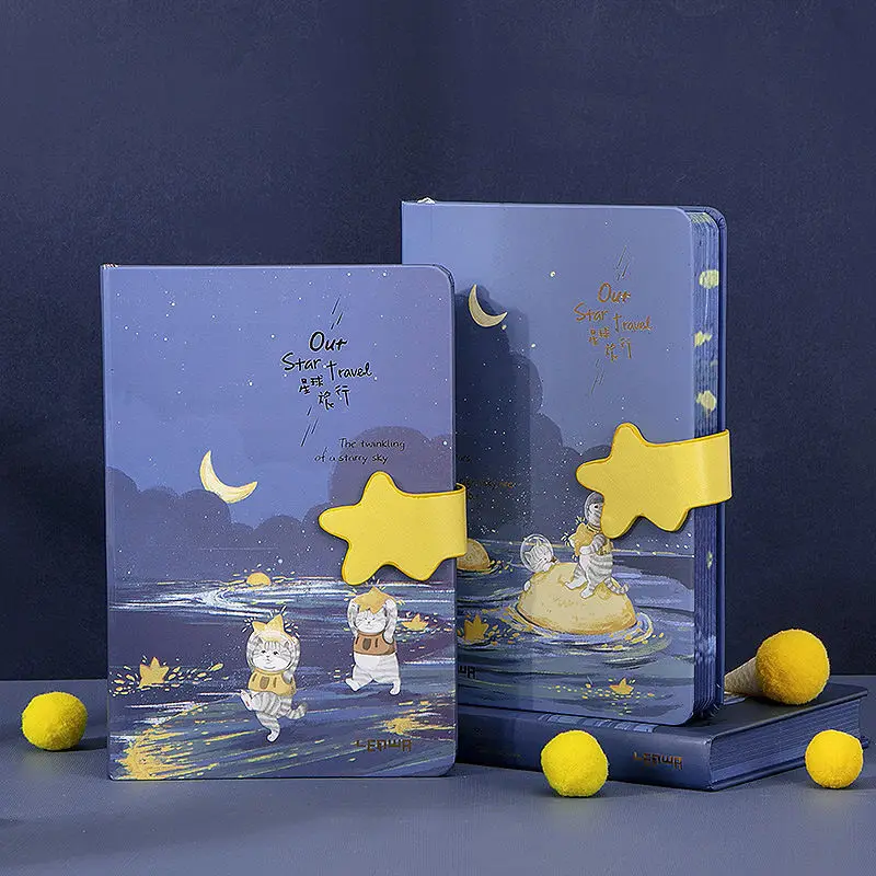 

Starry Sky Cute Cartoon Kitten Journal Notebook Color Page Illustration Magnetic Button Diary Beautiful Notepad Book
