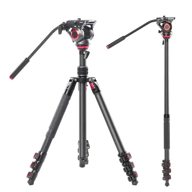 Camera Tripod Carbon Fiber Lightweight Compact with Fluid Drag Head 60mm Leveling Ball