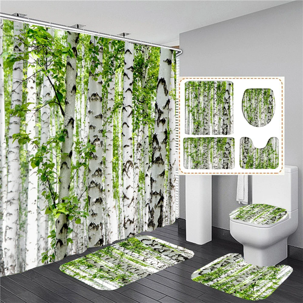 

Natural Waterfall Forest Landscape Printed Shower Curtains 3D Bathroom Curtain Toilet Lid Cover and Anti-skid Rugs Bath Mats Set