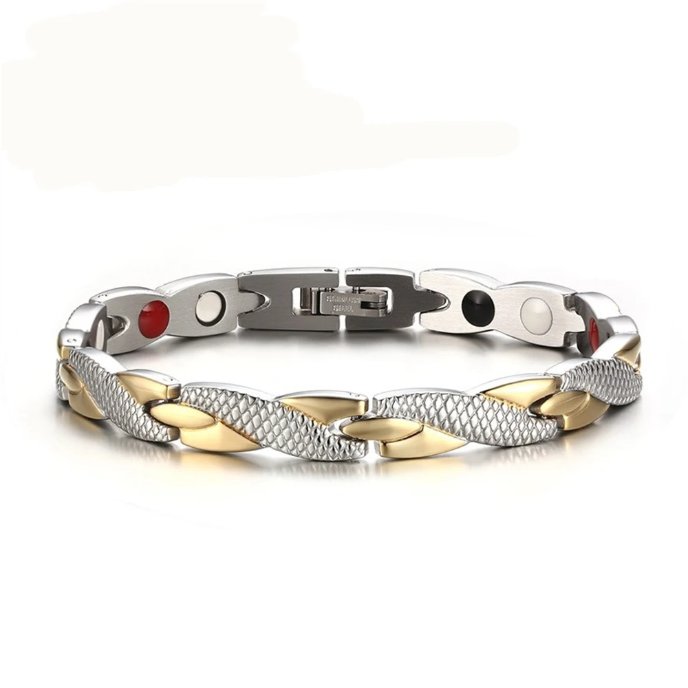 HAQI Titanio Puro Pulsera Magnética Para Hombre Y Mujer Pulsera 5 Elementos Imanes Poderosos 3500 Gauss Pulsera Con Herramienta De Ajuste Y Caja De Regalo, 21.5cm, Plata