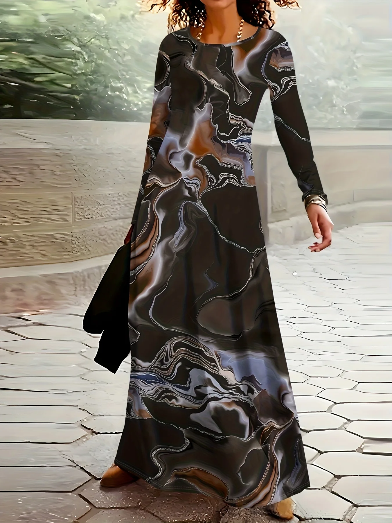 Damen Langarm-Kleid Frühling Herbst Abstrakter Marmor-Wirbel-Druck Urlaubsstil Lässiges A-Linien Midi-Kleid für Damen