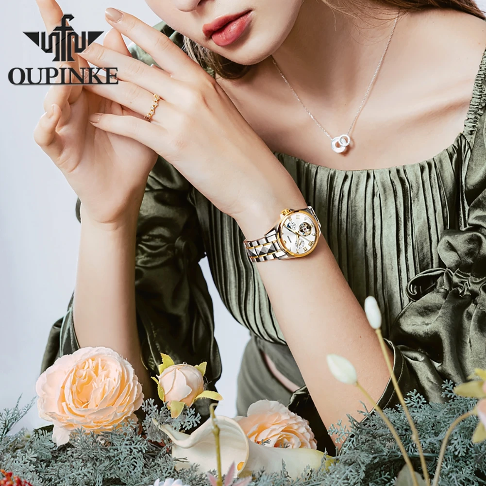 OUPINKE 3202 Woman's Watch Hollow Luxury Waterproof Moonswatch Mechanical Watch For Women Roman Scale Classic Ladies Wristwatch