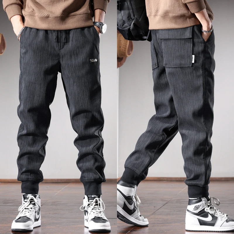 Autumn Black Stripe Pants Men Streetwear Casual Baggy Harem Pants Embroidery Sports Elastic Waist Drawstring Jogging Trousers